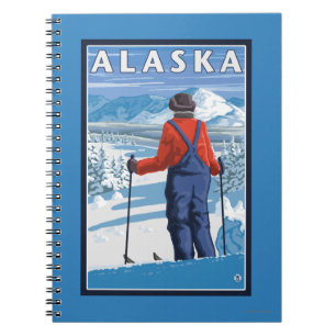 Caderno Espiral Esqui no poster das viagens vintage de Alaska