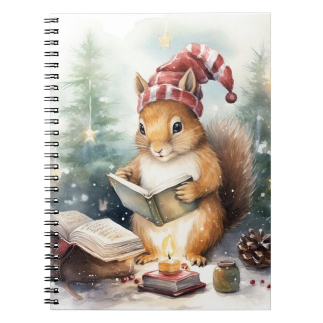 Caderno Espiral Esquilo de Natal lendo (Frente)