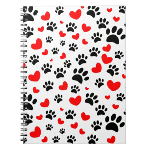 Caderno Espiral Estampas De Cães Aleatórias E Corações Vermelh