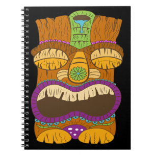 Caderno Espiral Estátua de Wooden Tiki com Boca Aberta, Preto Engr