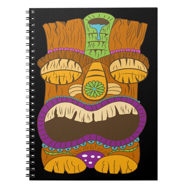 Caderno Espiral Estátua de Wooden Tiki com Boca Aberta, Preto Engr (Frente)