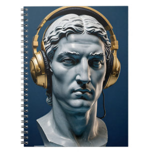Caderno Espiral Estátua em fones de ouvido de mármore azul marinho