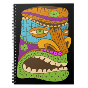 Caderno Espiral Estátua Tiki Colorida em Clima Exótico, Preto Engr