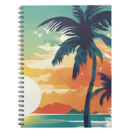 Caderno Espiral Estética de Praia com Palmeiras e Pôr do Sol Tropi
