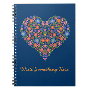 Caderno Espiral Estilo de Arte do Chic Folk Coração Floral no Note