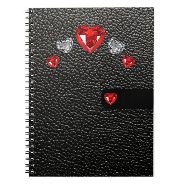 Caderno Espiral estilo de couro preto, falso, com pedras vermelhas (Frente)