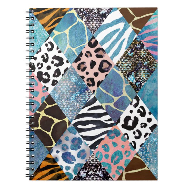 Caderno Espiral Estilo de patch, padrão de colagem de aquarela. (Frente)