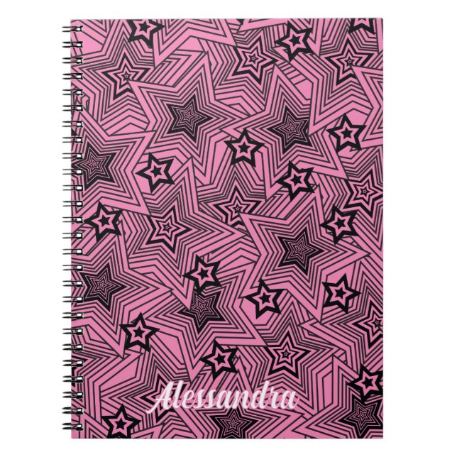 Caderno Espiral Estilo de pop Art Radiando Estrelas Negras Persona (Frente)