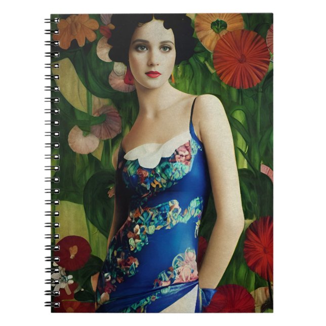 Caderno Espiral Estilo Deco Elegante Mulher com Flores Grandes (Frente)