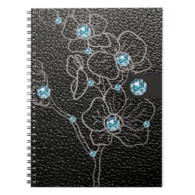 Caderno Espiral estilo falso de couro preto com flores de cinza e (Frente)