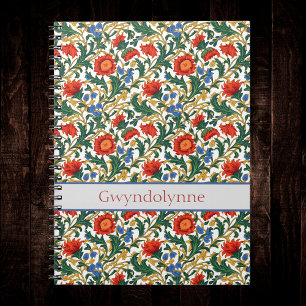 Caderno Espiral Estilo Floral Willam Morris Azul Vermelho Dourado