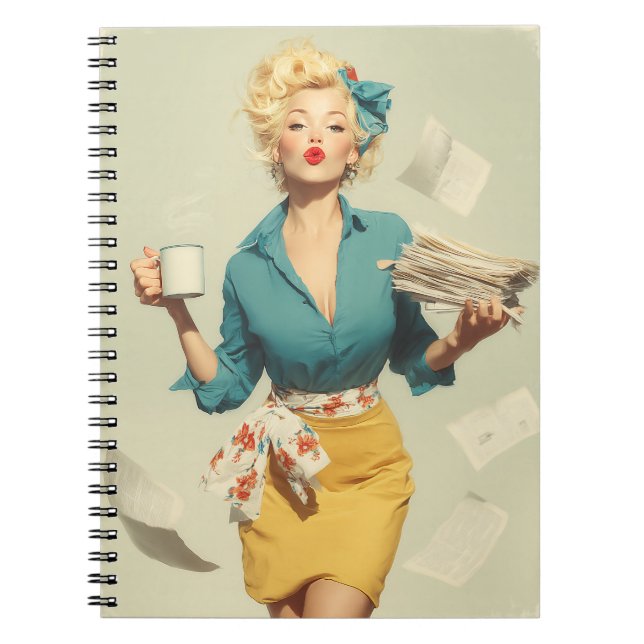 Caderno Espiral Estilo Retro de Escritório Pin-Up (Frente)