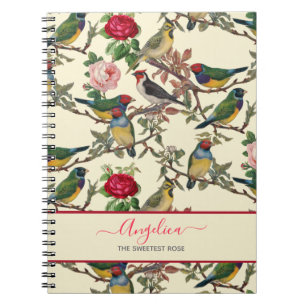 Caderno Espiral Estilo Vintage Aves e Rosas Vitorianos