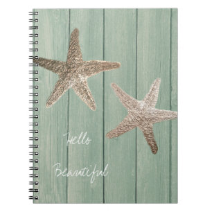 Caderno Espiral Estrela Dourada & Madeira Elegante Praia Costume C