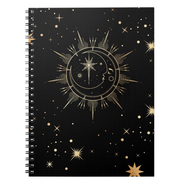 Caderno Espiral Estrelas Célestias Negras e Faux Douradas da Lua S (Frente)
