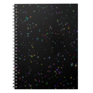 Caderno Espiral Estrelas coloridas espumantes no design negro céu