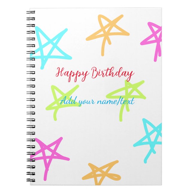Caderno Espiral Estrelas coloridas feliz aniversário adicione text (Frente)