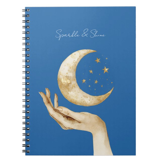 Caderno Espiral Estrelas da Lua Azul Mão Dourada (Frente)