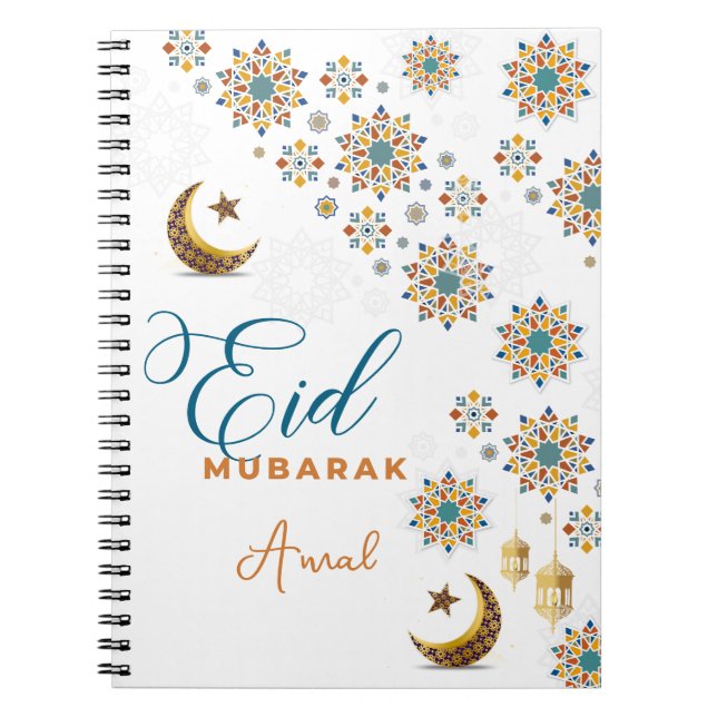 Caderno Espiral Estrelas da Lua Elegante Eid Mubarak (Frente)