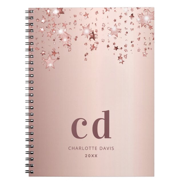 Caderno Espiral Estrelas das iniciais do monograma de rosa dourado (Frente)