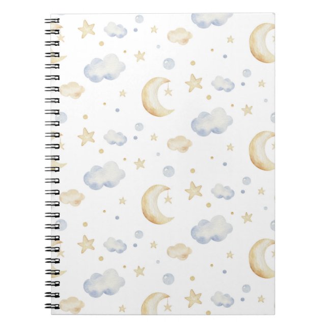 Caderno Espiral Estrelas de Lua de Aquarela e Padrão de Nuvem (Frente)