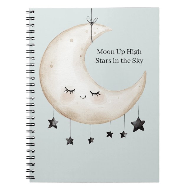 Caderno Espiral Estrelas do Céu Azul Lua Feliz Cílios (Frente)
