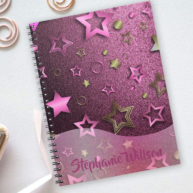 Caderno Espiral Estrelas Douradas Magenta Magenta Brilhantes, Bril (Criador carregado)