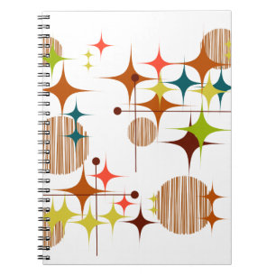 Caderno Espiral Estrelas e Globos Moderno de Meados do Século