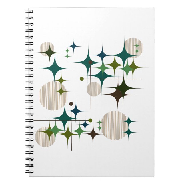 Caderno Espiral Estrelas e Globos Modernos de Meados do Século (Frente)