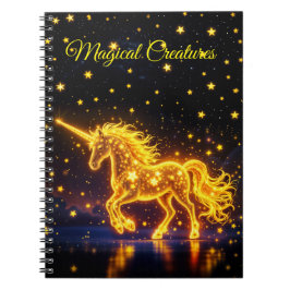 Caderno Espiral Estrelas luminosas de ouro de fantasia de unicórni