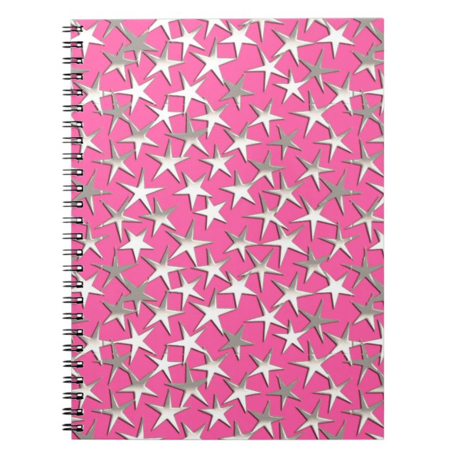 Caderno Espiral Estrelas prateadas em rosa fúcsia (Frente)