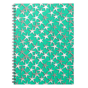 Caderno Espiral Estrelas prateadas na turquesa