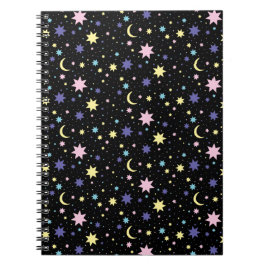 Caderno Espiral Estrelas Roxas Rosa Lua Amarela Espaço Cósmico.