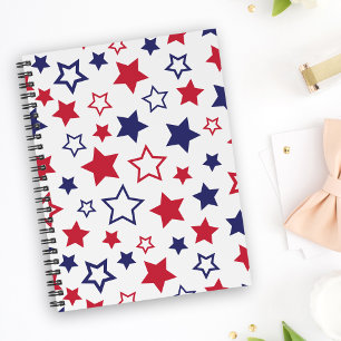 Caderno Espiral Estrelas Vermelhas e Azuis, 4 de Julho, Fundo Bran