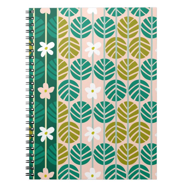 Caderno Espiral Estrias de Verão retro verde-floral/rosa (Frente)