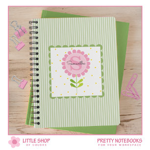 Caderno Espiral Estrias Florais Rosa e Bolinhas Monogramadas