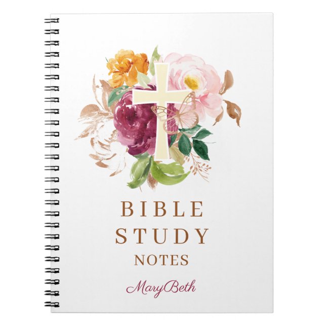Caderno Espiral Estudo Bíblico Personalizado Cruz Floral Rosa (Frente)