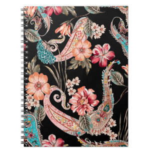 Caderno Espiral Ethnic flowers and leaves with paisley vintage ele