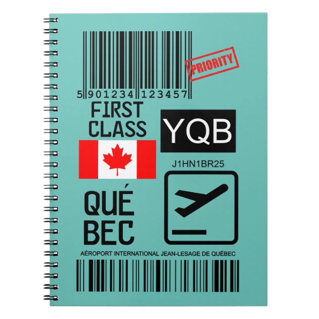Caderno Espiral Etiqueta de viagem do aeroporto de Quebec (Frente)