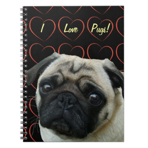 Caderno Espiral Eu amo Pugs com corações