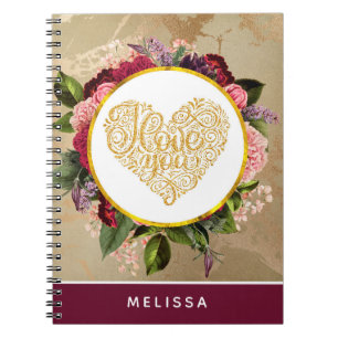 Caderno Espiral Eu Amo Seu Coração Ouro Rico com Quadro Floral