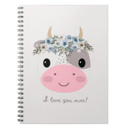 Caderno Espiral Eu te amo, moo! Vaca branca com coroa floral