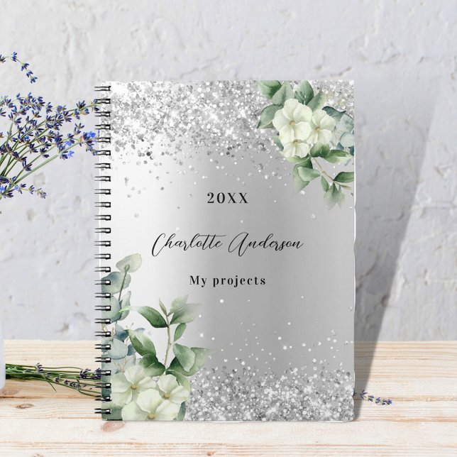 Caderno Espiral Eucalipto floral branco prateado elegante (Criador carregado)