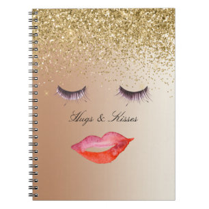 Caderno Espiral Eyelashes e Lábios Dourados Ombre da Glitter