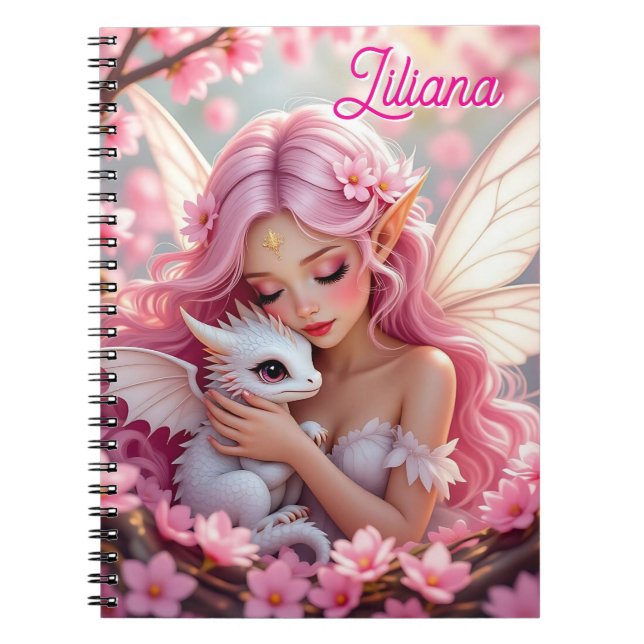 Caderno Espiral Fada Elfa Rosa Bonita & Dragão Personalizado (Frente)