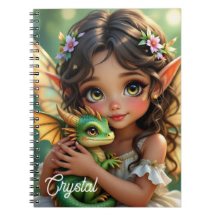Caderno Espiral Fada Élfica de Olhos Castanhos e Dragão Personaliz