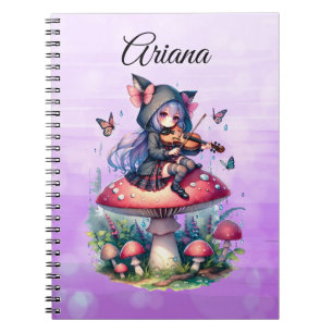 Caderno Espiral Fada em Hoodie Jogando Viola num Cogumelo