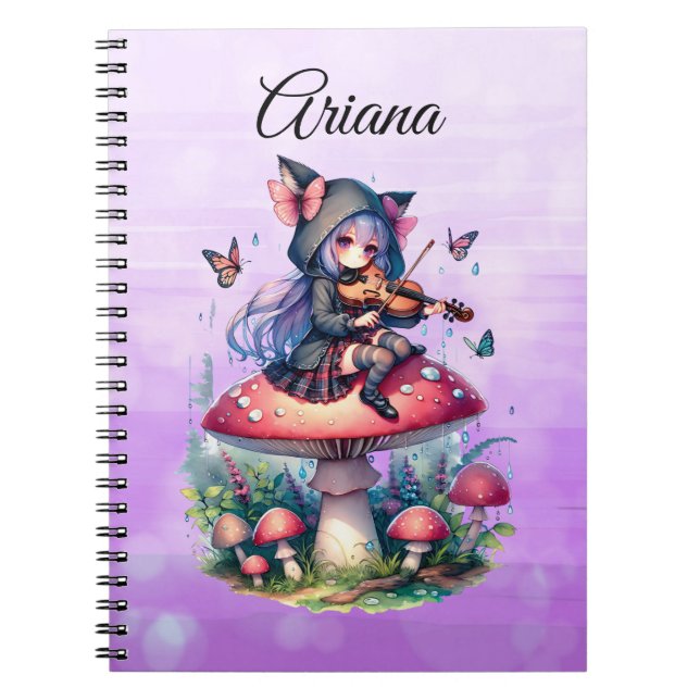 Caderno Espiral Fada em Hoodie Jogando Viola num Cogumelo (Frente)