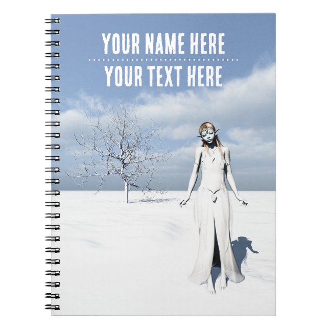Caderno Espiral Fada feminina caminhando na neve. Texto personaliz (Frente)