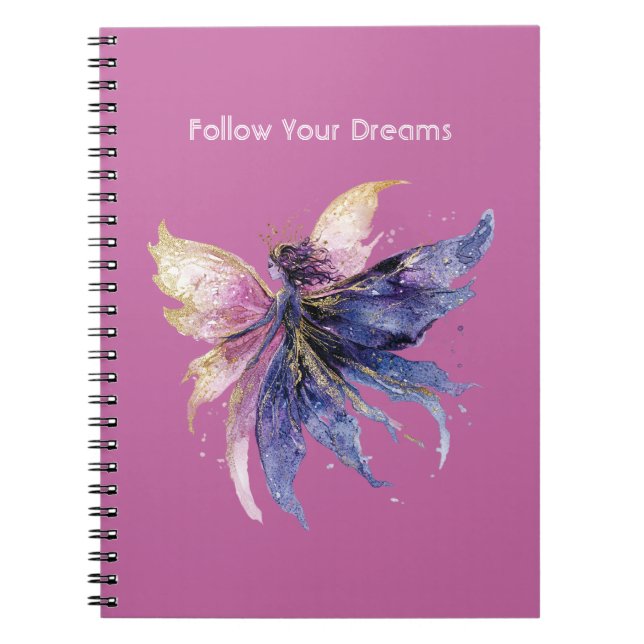 Caderno Espiral Fada Rosa Dourado Creme Roxo (Frente)